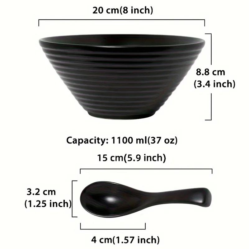 8-дюймовая керамическая винтажная миска рамен с ложкой большая для супа лапшой ложками азиатского Фо-удон соба черный матовый