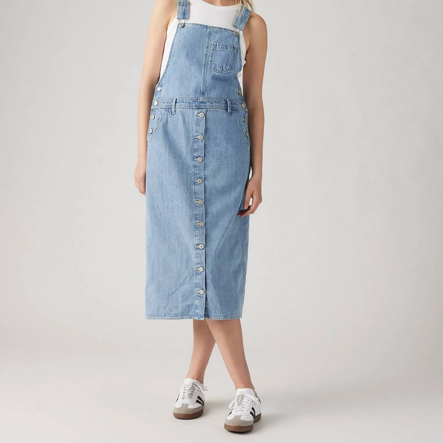 100% Cotton Classic Medium Grey Blue Two Tone Calf Length Denim Jumper Dress Denim Maxi Overall Dress