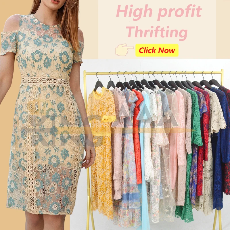 KINGAAA lace dress ladies dresses floral mesh maxi party dress Knee length vip bales clothes 45kg mixed used clothing