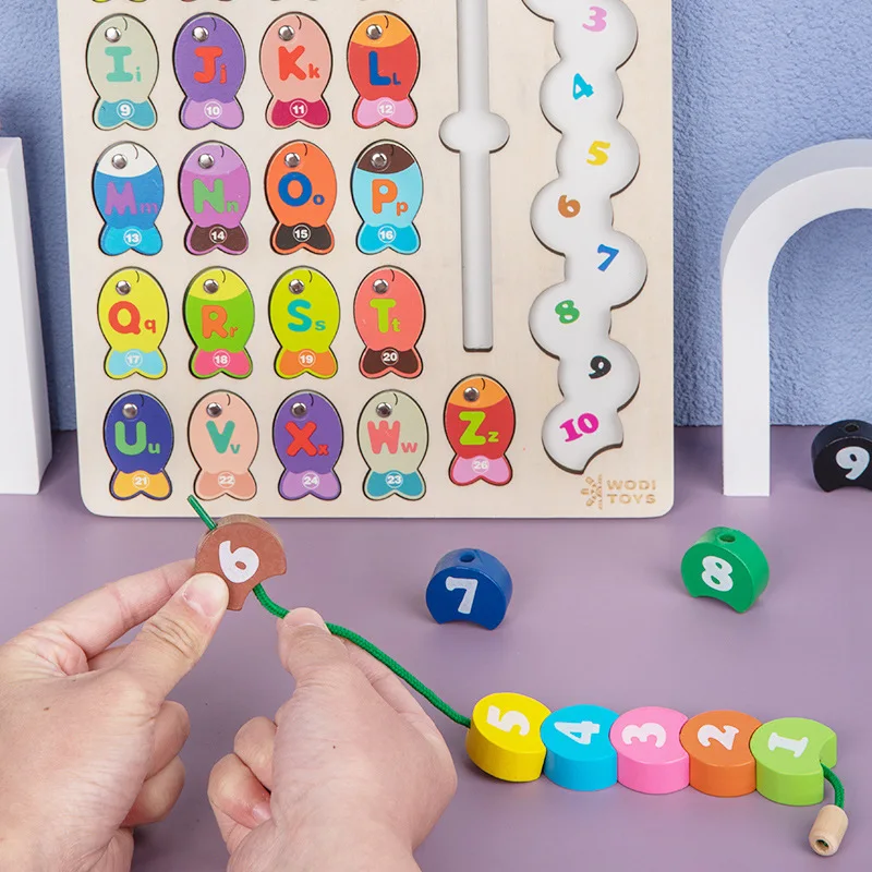 Magnetic Wooden Fishing Game Toy for Toddlers Alphabet Fish Catching Counting Games Puzzle with Numbers and Letters