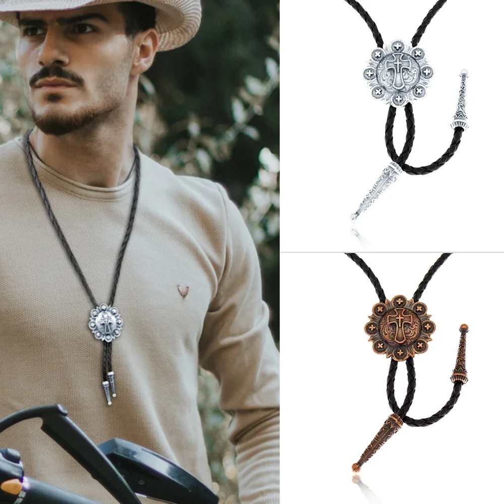 RechicGu Vintage Cross Star Bolo Tie Handmade Leather Necktie Adjustable Rodeo Necklace Western Cowboy Fashion Accessories Men