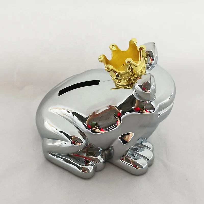 Metal money box frog chrome plated piggy bank with gold crown
