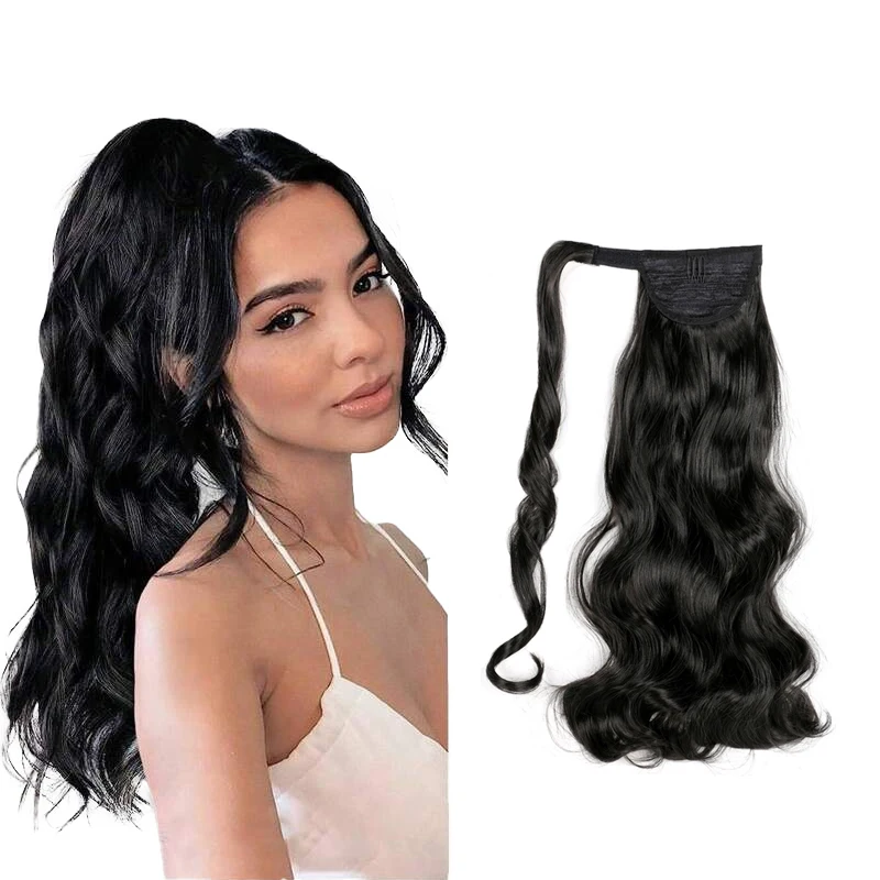 Hot Selling Special Design 17' 22inches Synthetic fiber wave Ponytail Magic Paste Clip On Wrap Around Body Wave Ponytails