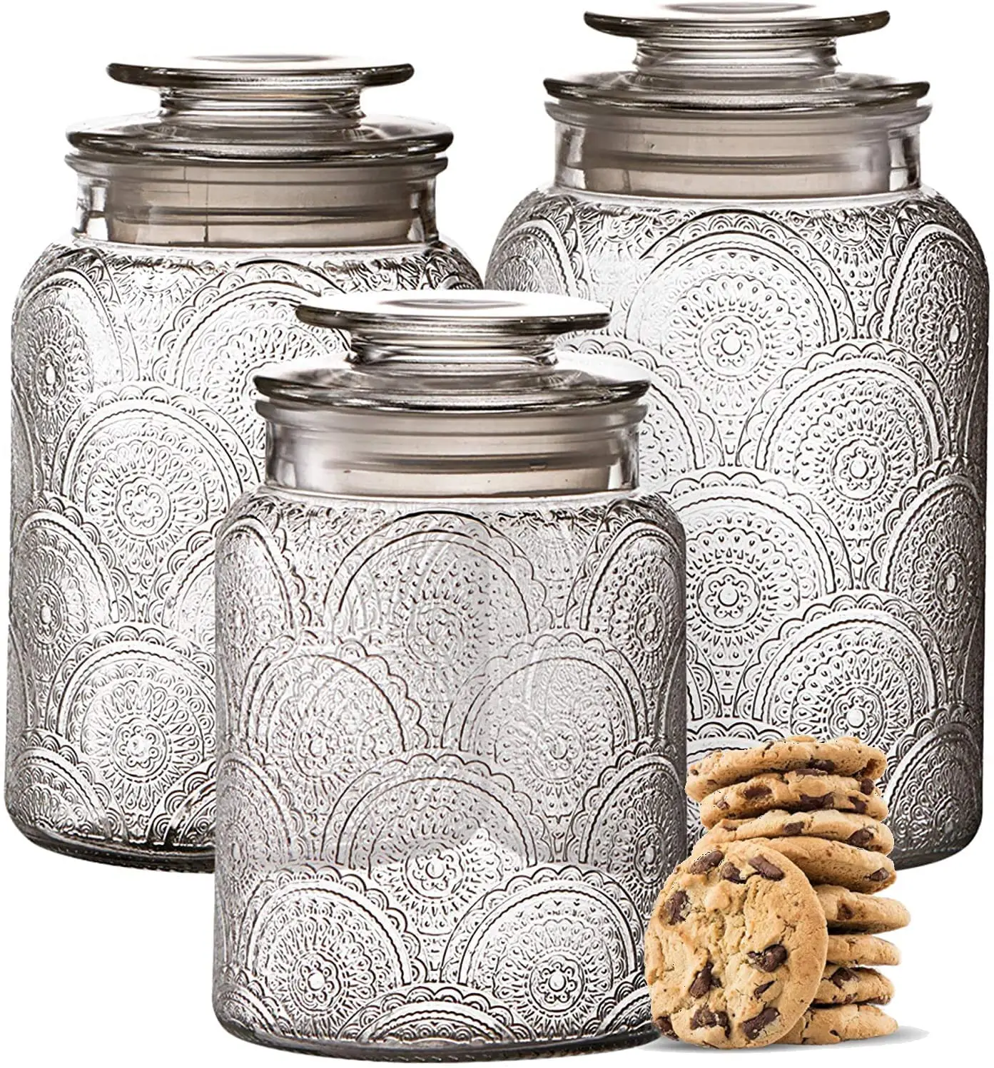 3pc Glass Canisters Set for Kitchen Counter with Airtight Lids - Retro Design - Food Storage Containers for Candy Sugar Cookies