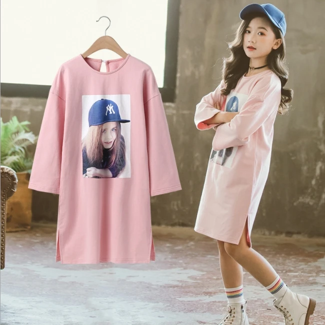 KS8192 2019 one piece long sleeve beautiful chinese model printed kids girls casual dresses