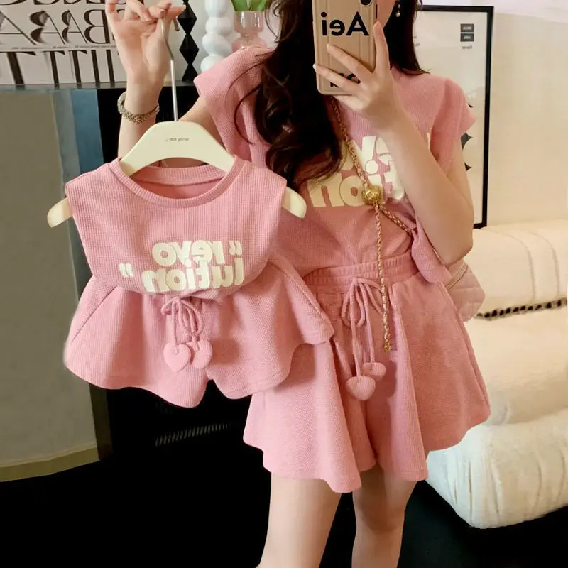 New Korean style fashion kids children casual summer print sleeveless t-Shirt top+sports shorts baby girl clothes clothing set