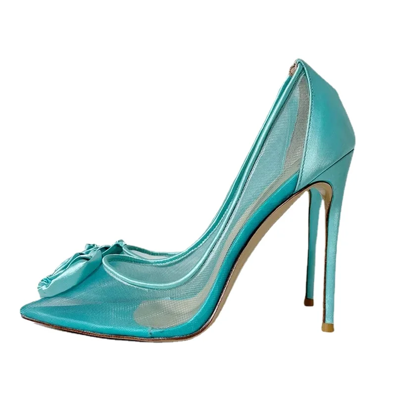 Blue Flower Pointed Toe Mesh Sexy High Heels Women Stiletto Pump Shoes for Party Wedding Fashion New 2024
