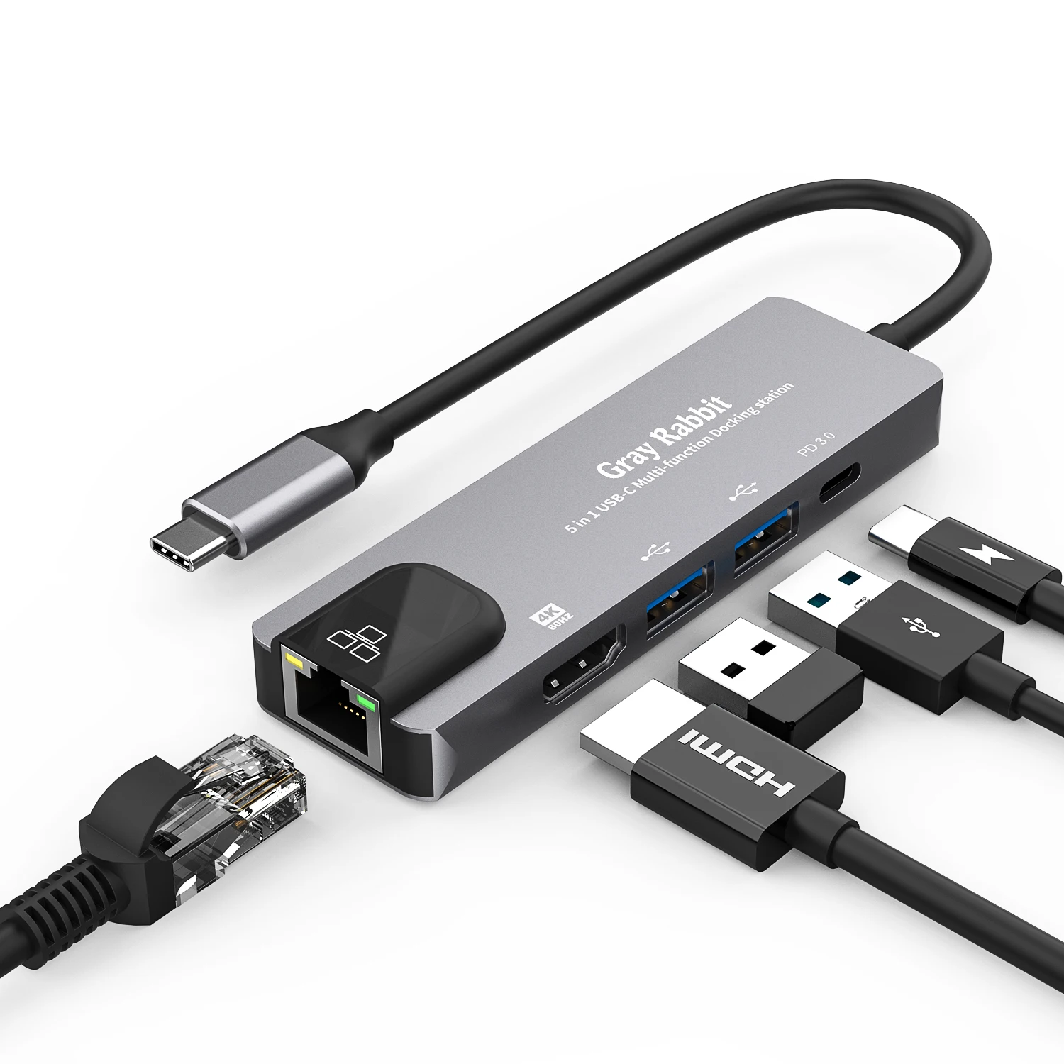 5-in-1C to HD (4K60HZ)+PD3.0+100 Gigabit Ethernet card+U2 * 2/Type-C Multi function Docking station