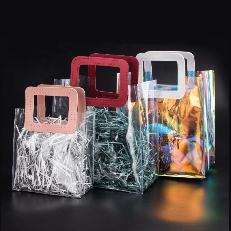 Wholesale hot sale transparent pvc hand bag waterproof beautiful clear plastic handbag tote shopping purse for woman with print