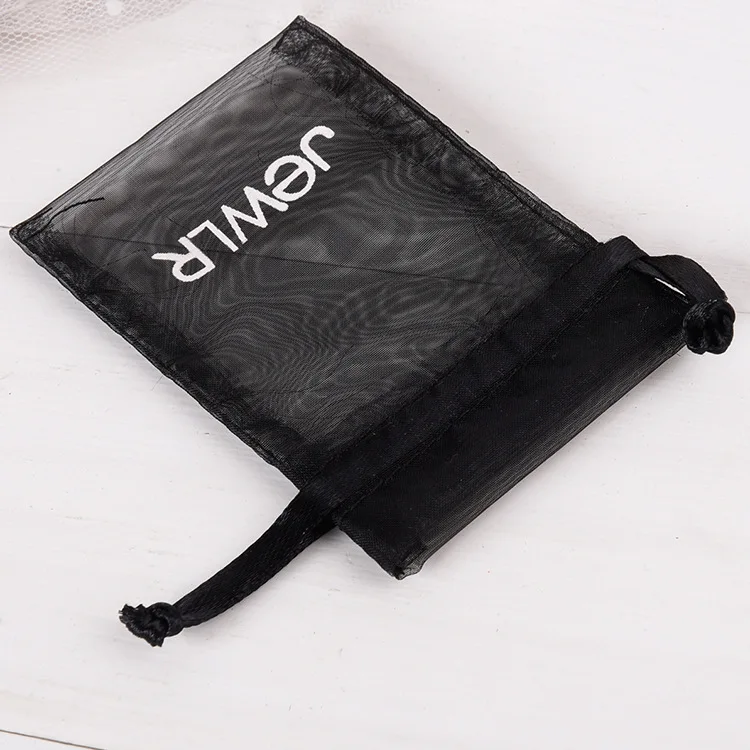 
Personalized costmetic jewelry gift packaging organza drawstring pouch black custom with white print organza bags logo 