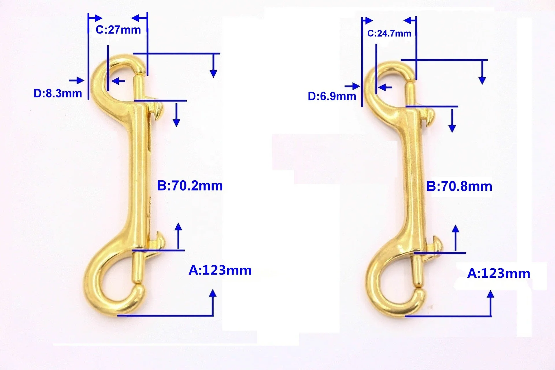 hot sale 90mm 100mm 116mm 120mm high quality metal carabiner clasp brass double end snap hook for diving