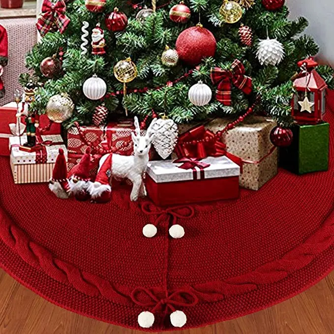 Knitted Christmas Tree Skirt, 48 Inch Large Red Tree Skirt for Christmas Decorations Holiday Luxury Thick Tree Xmas Ornaments