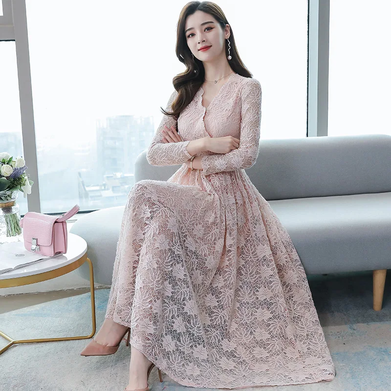Women spring clubwear clothing long sleeve a line midi lace dresses