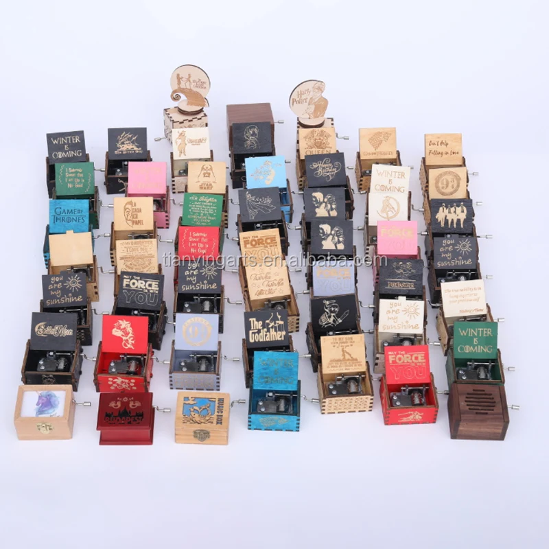 Factory Sublimation gift music box Hot Selling Colorful Laser Engraved Hand Crank Mini Custom Wooden Music Box
