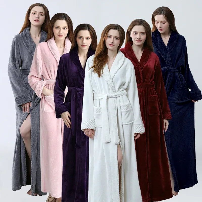 Solid Embroidered Luxury Flannel Fleece Bathrobe Hotel Bathrobe Robe Women Men Long Pajamas Lovers