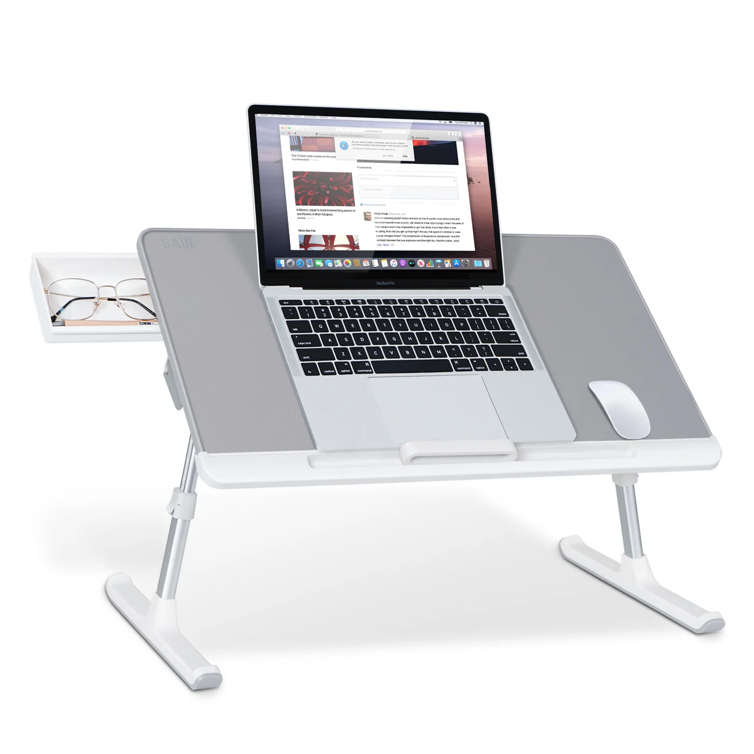 saiji portable folding laptop desk antislip leather removable stopper book stand and drawer grey laptop desk for bed