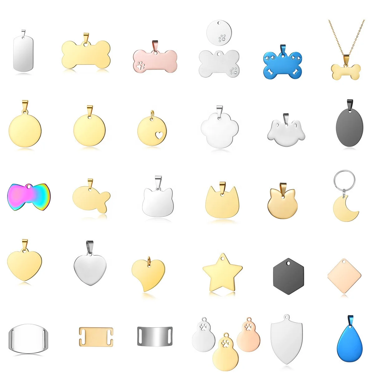 Classic stainless steel pet tag collection round square claw bone heart shield cat head hexagon pentagon fish blank engraved tag