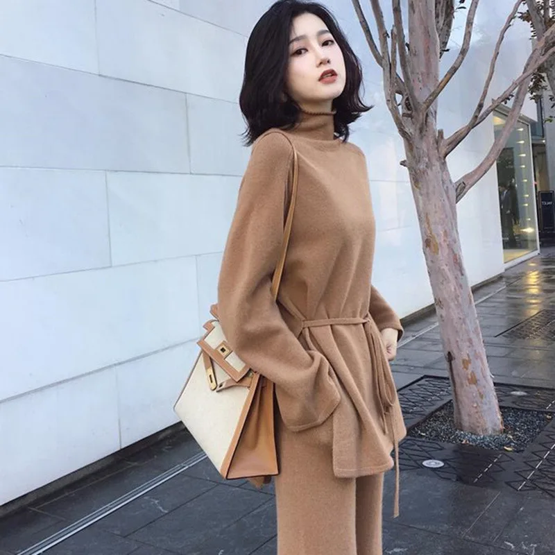 2021 Autumn Winter Plus Size Thick Wool Cashmere Knit With Long Pants Sweater Sets For Women