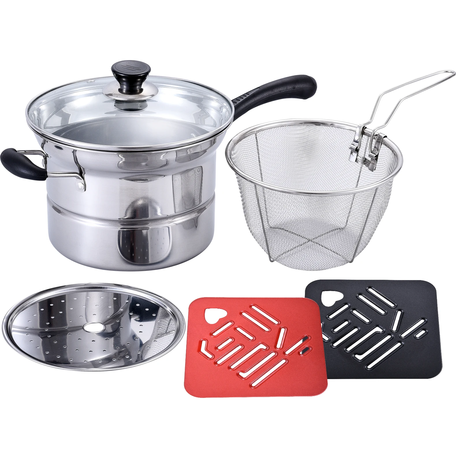 5 Pieces Stainless Steel Stock Pot Cooking Stock Pot with Strainer Rack Set Home Kitchen Cooking Tools