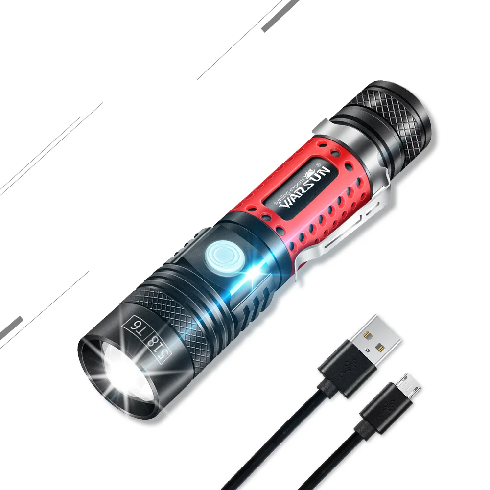 WARSUN 518XC outdoor portable rechargeable tactical glare flashlights powerful T6 zoom led torch flashlight with clip