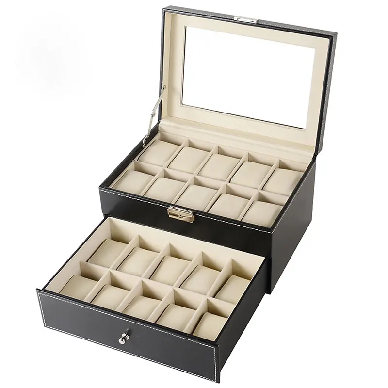Лучшие продажи натуральная кожа Дисплей Органайзер черный пластик часы Чехол 20 слот часы коробка для выдвижного ящика