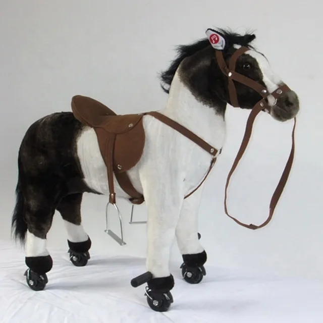 new arrival plush mechanical walking horse with wheel plush ride on horse toy