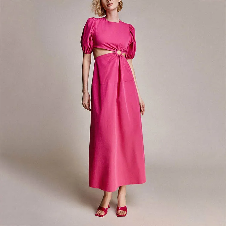 Custom Women Casual Vintage Summer Long Hot Pink O-ring Waist Cut Out Puff Sleeve Maxi Dresses