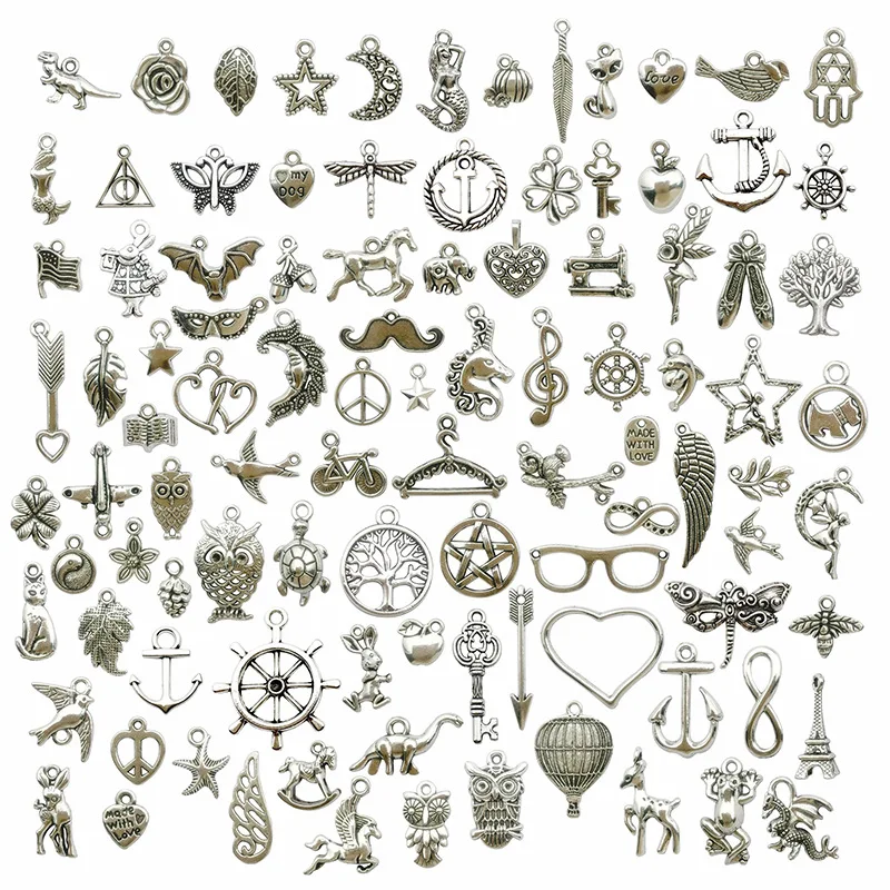 100pcs Wholesale Bulk Jewelry Making Silver Charms Mixed Smooth Tibetan Silver Charms Pendants DIY for Necklace Bracelet Making