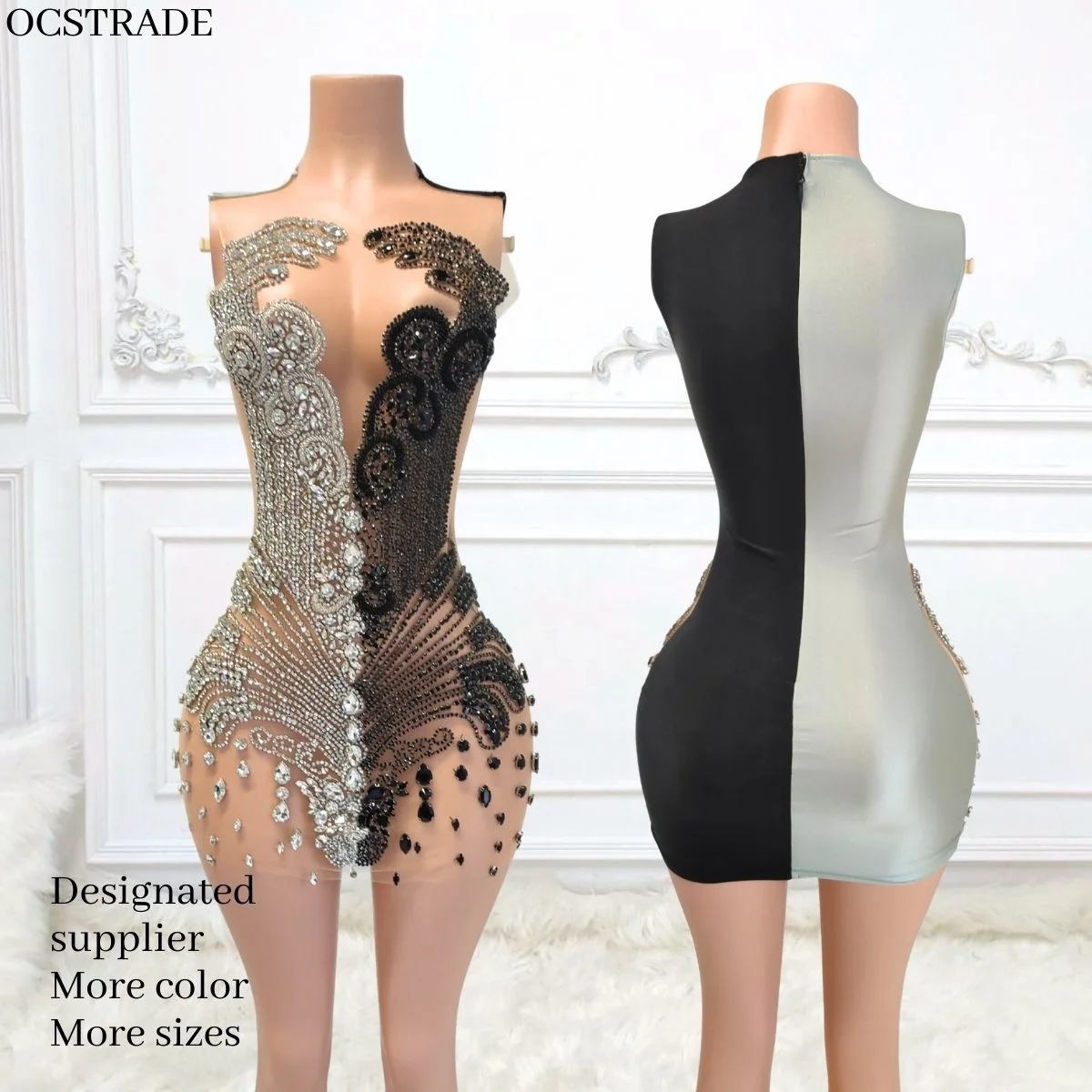 Ocstrade Women Sexy Mini Club Dresses 2024 Ready To Ship Black And Silver Color Rhinestones Costume Women Party Dresses Sheer