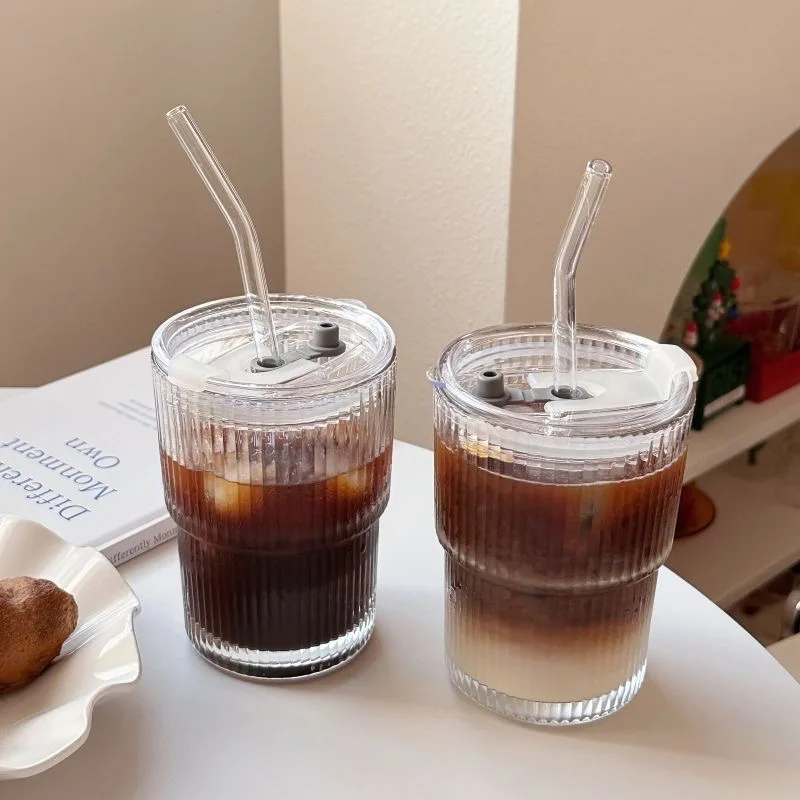 400ML  Clear Drinking Tumbler  Reusable Travel Coffee Glass Mug Cup Children Milk Cup With Straw And Lid
