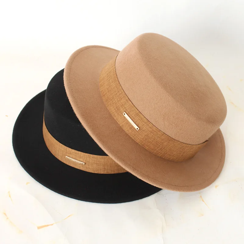 Wool Felt Fedora Hats Solid Color  Hat Wool Formal Felt Wide Brim Flat Top Fedora Hat