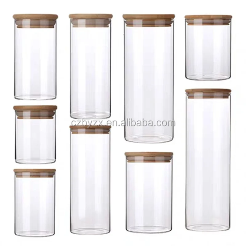 Bottom Price Sales Borosilicate Cookie Candy Honey Food Glass Storage Jar With Airtight Bamboo Lid Storage Tank