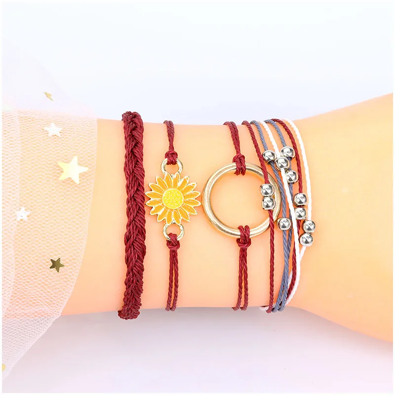 Seaside Surfing Bracelet Waterproof Waxed Wire Hand Knitted Sunflower Bracelet Teenage Friendship Bracelet Set of 4