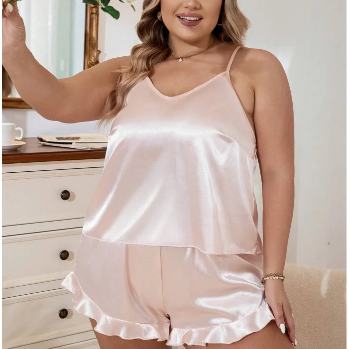 Plus Size Satin Cami Top & Ruffle Hem Shorts Pj Set Silk Women Pajama Sets Custom Luxury Pajamas