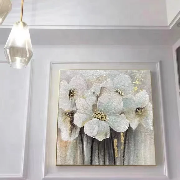 Popular Hot Sale OEM Gold Floral Modern Canvas Painting White Flower Art Picture Hand painted Abstract Oil Painting