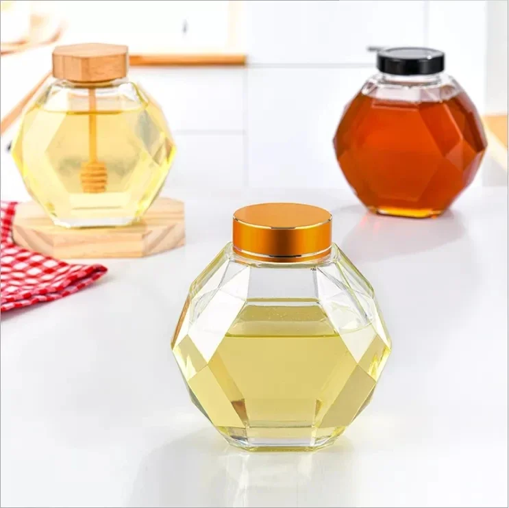100 ml/220 ml/380 ml hexagonal heat resistant glass honey bottle jar with wooden mixing rod used for home kitchen