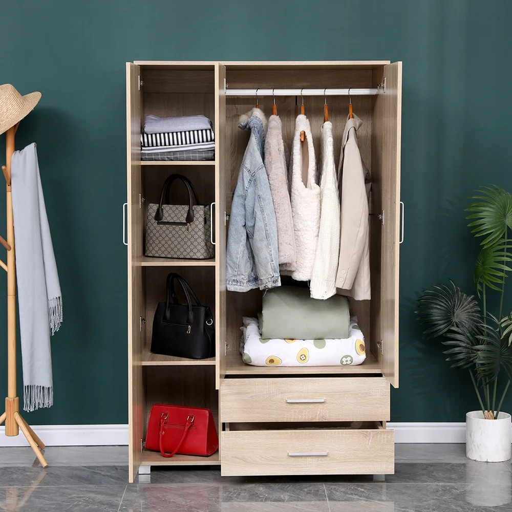 Hot Sale Modern Cheapest Wardrobe Simple  Wooden  3 door wardrobe with 2 drawers  Closet With Mirror