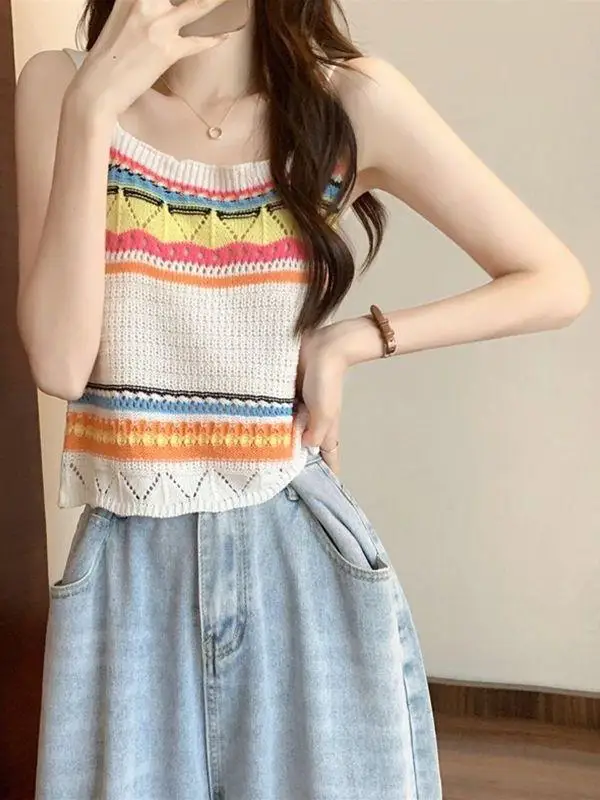 Cheap wholesale Summer Bohemia Rainbow striped knitted suspender vest women sweet cool hollow chic sleeveless top