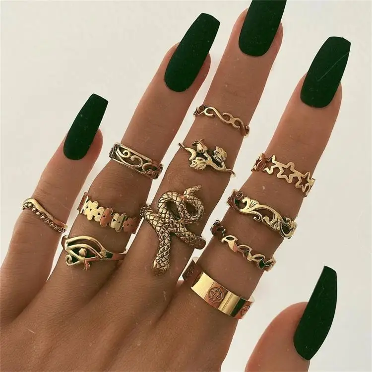 Bohemian Ring creative  retro geometric ring full of diamonds shining snake-shaped 11-piece combination joint Snake ring