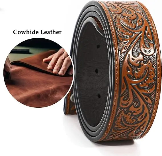 Western Belt Vintage Country Belts For Cowboys Genuine Leather Belt with Embossed logo