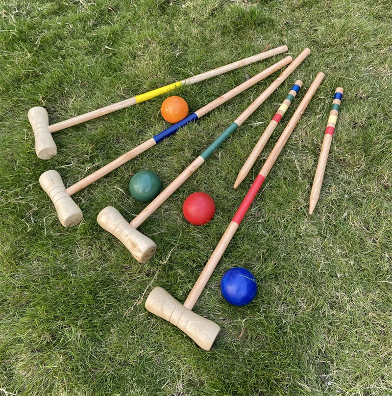 
Outdoor Sport Game Wooden Croquet Set Game Four / Six Player Colored Balls With Carry Bag 