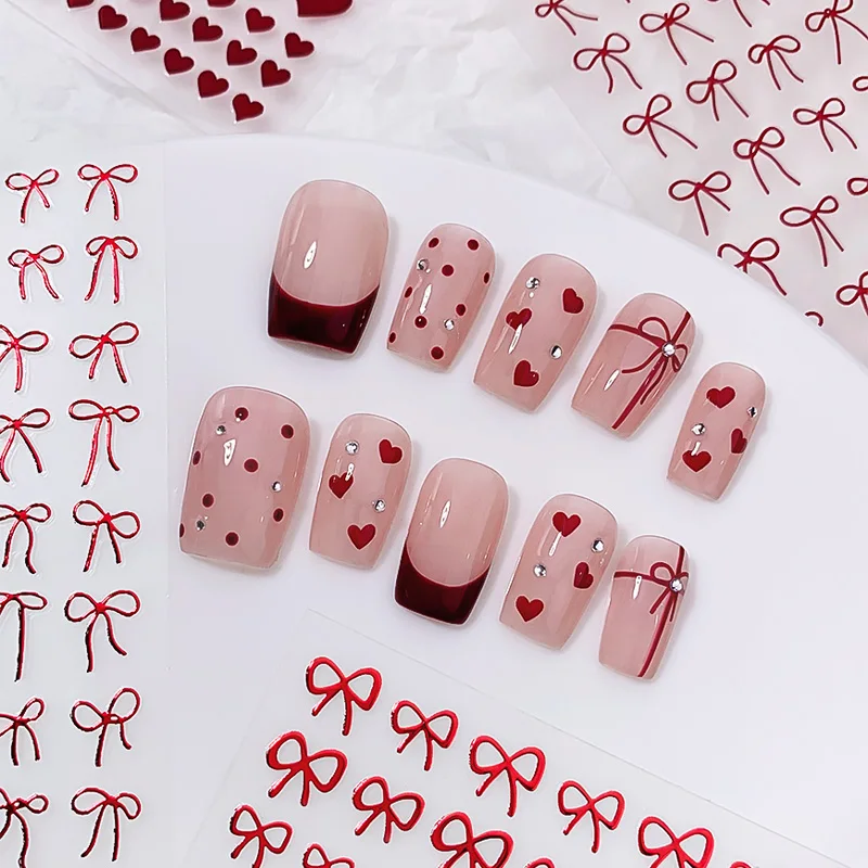 Christmas Sweet Cute Wine Red Nail Gel Stickers Simple Bow Love French Nail Patch Press On Nail Decoration