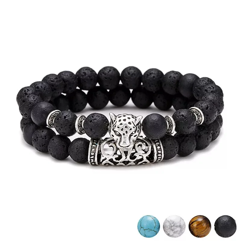 Wholesale 8mm Natural Stone Beads 2pcs/set Gem tiger Eye lava Beaded Health Bracelet Cheetah Head Mens Accessories