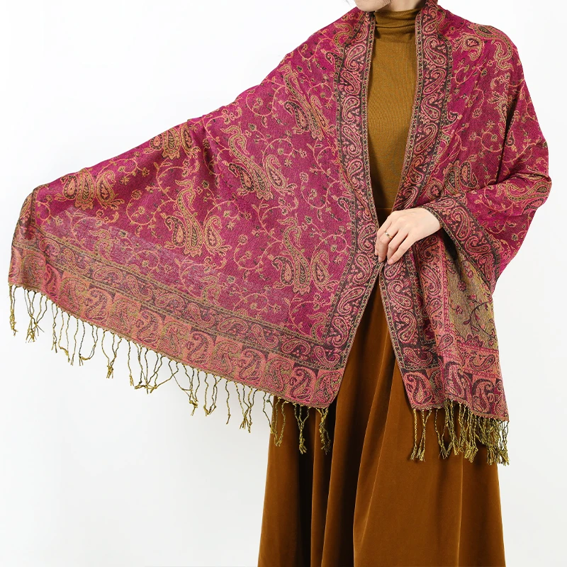 2024 Hot OEM Lady Paisley Fringe Nation Ethnic style Head towel Pashmina scarf maker Cashmere elegant jacquard Paisley shawl