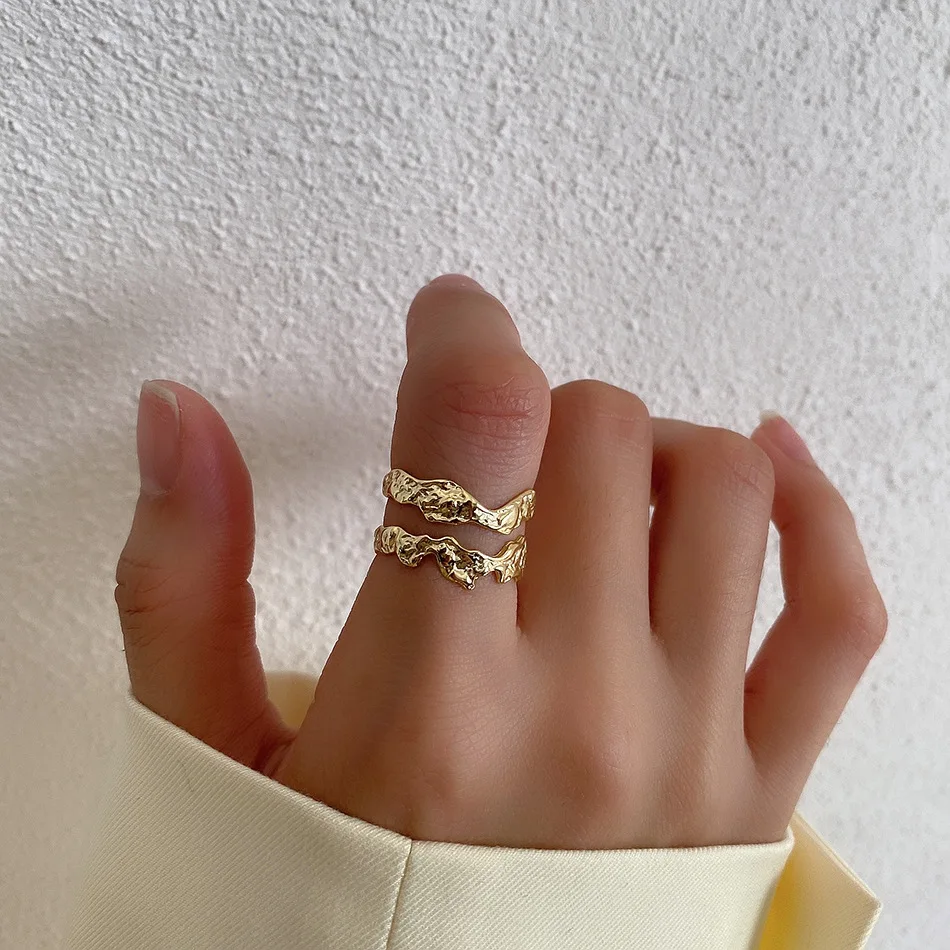 VIANRLA Double Band Open Statement Ring 925 Sterling Silver Texture Adjustable Rings
