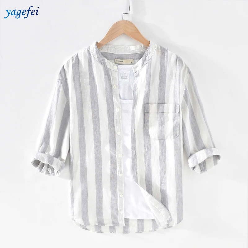 The best quality factory wholesale new 7-point sleeve linen striped casual shirt men