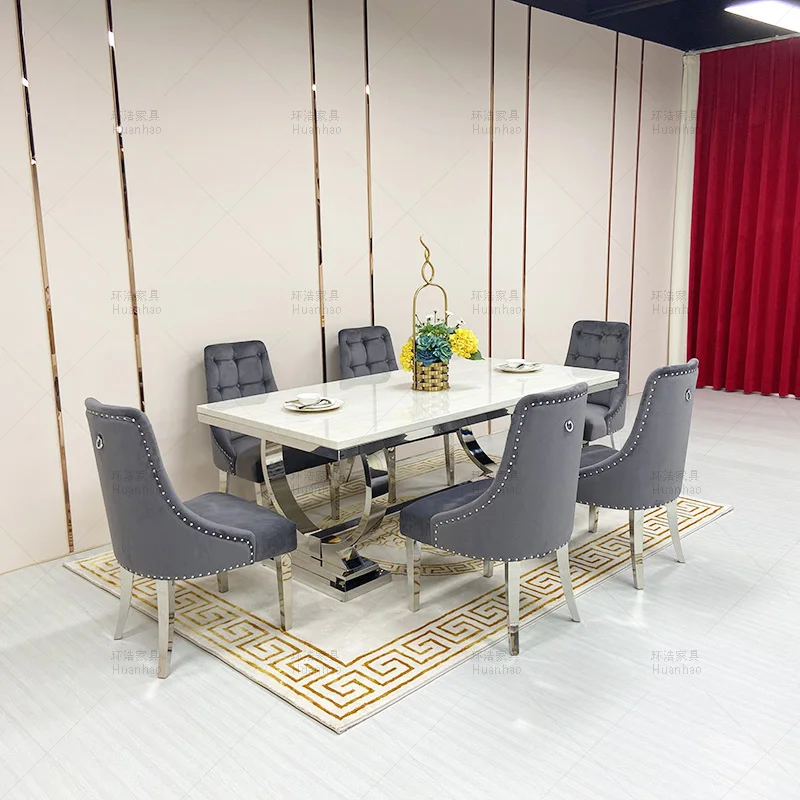 Modern cheap American high quality dining room stainless steel frame marble top square 6 8 10 seater dining tables set