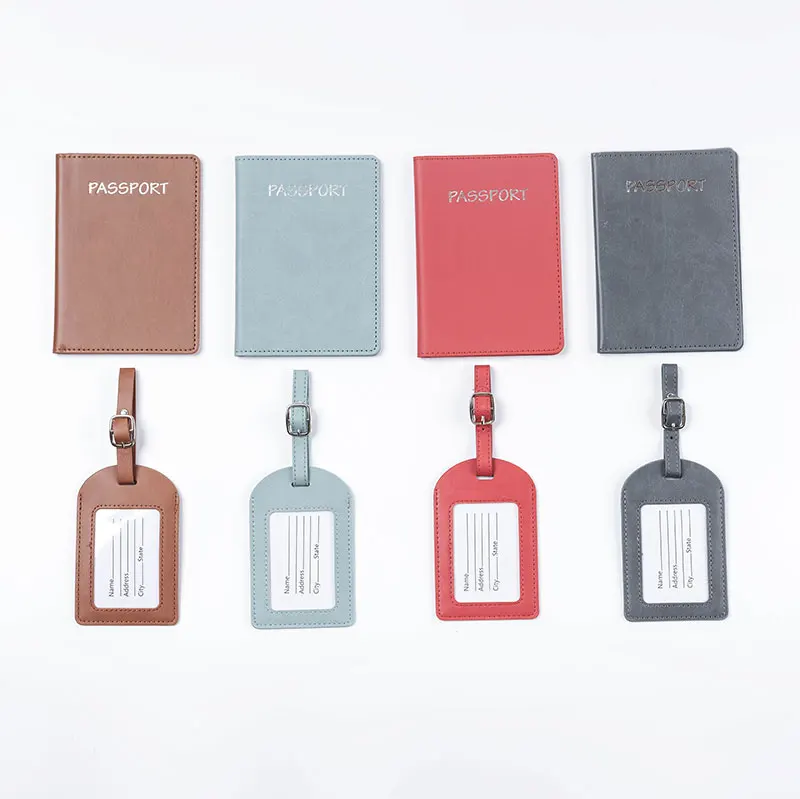 PU Leather Travel Set Custom Logo Passport Holder Luggage Tag Set for Business Gift