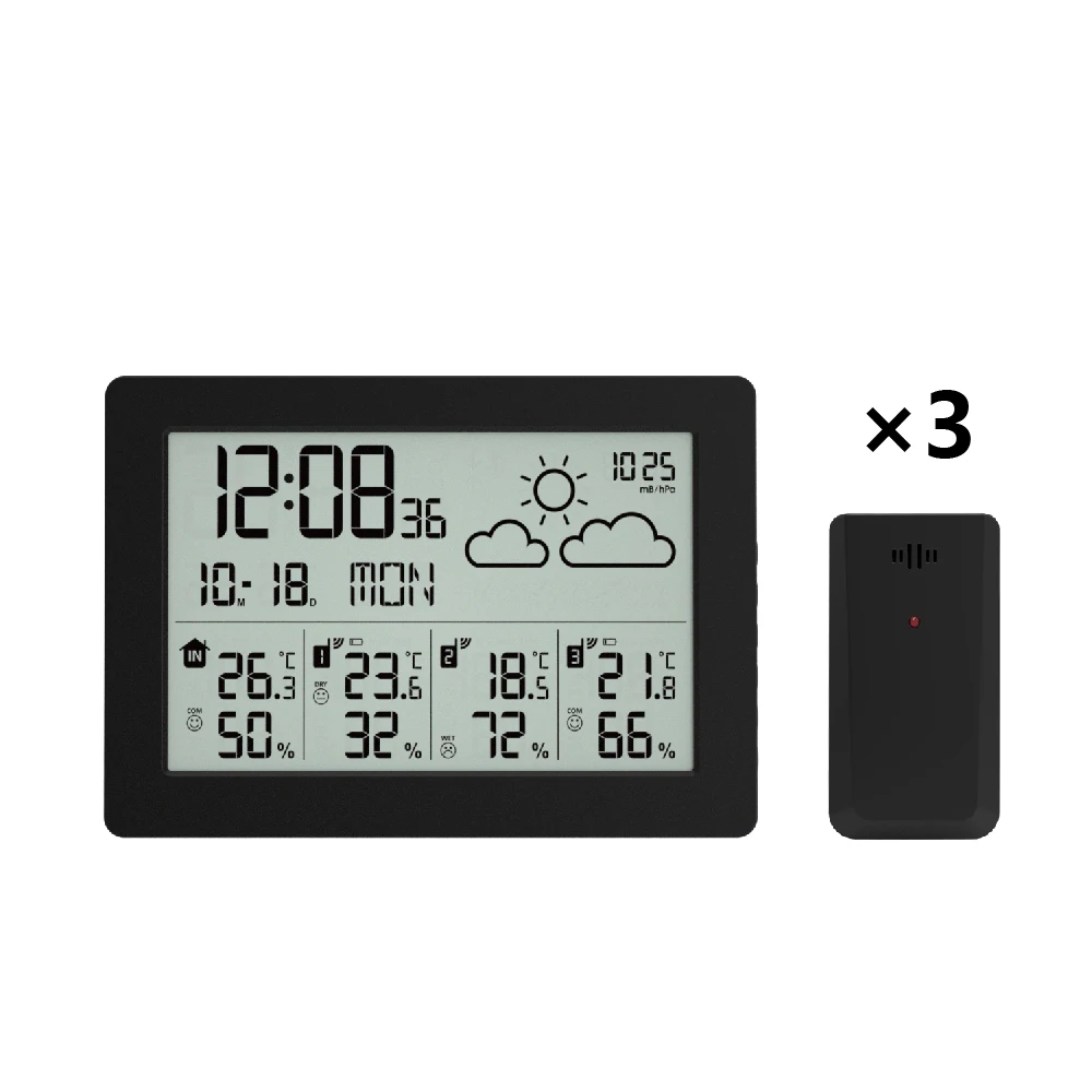 433.92 Mhz Wireless weather station clock with three sensors indoor and outdoor temperature and humidity for home office cellar