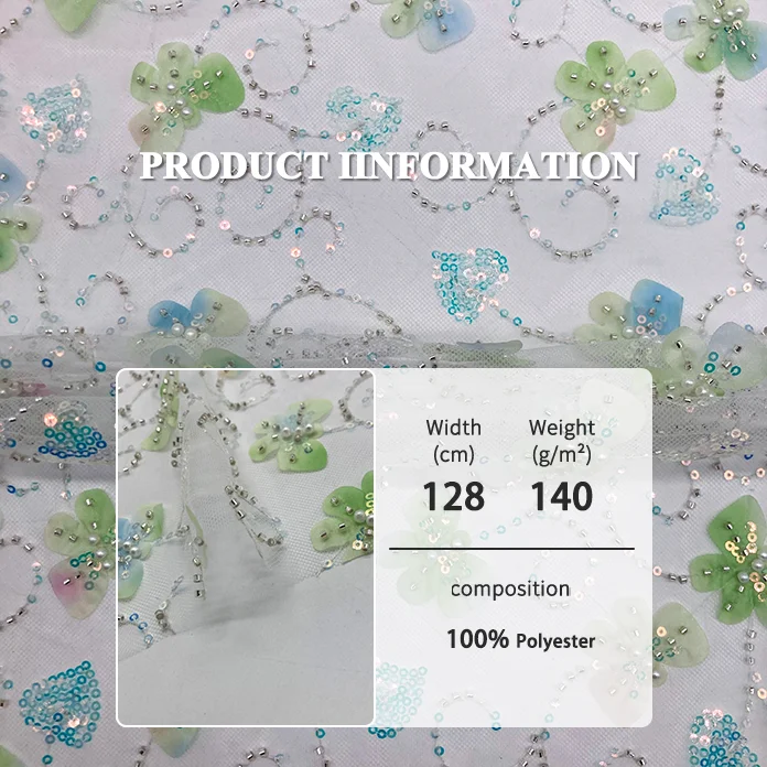 High Quality New Arrival 100% Polyester Tulle Mesh 3d Green Floral Sequin Embroidery Fabric For Dress